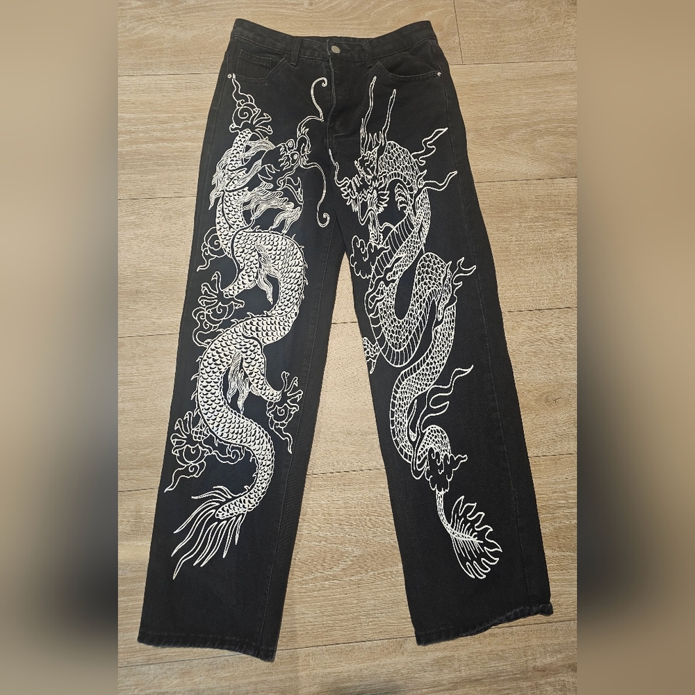 Black Jeans with White Dragon Graphic. Size 29x29